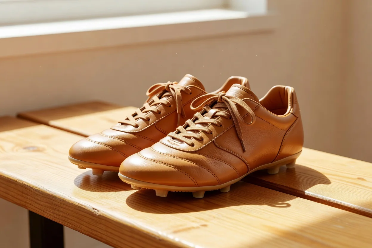 Pair of soft leather football boots on a bright wooden bench